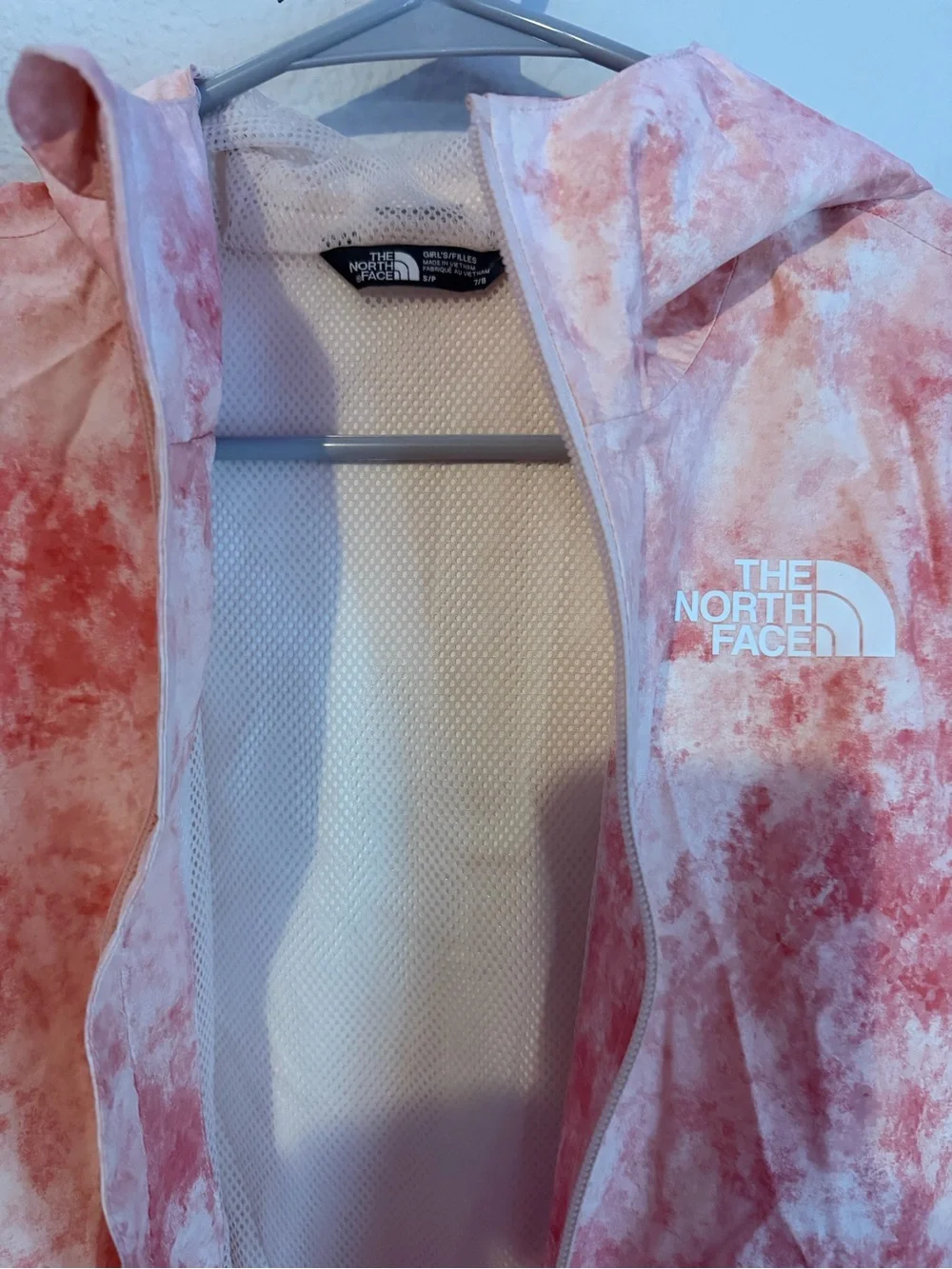 The North Face Pink and Cream Tie-Dye Hooded Windbreaker Jacket